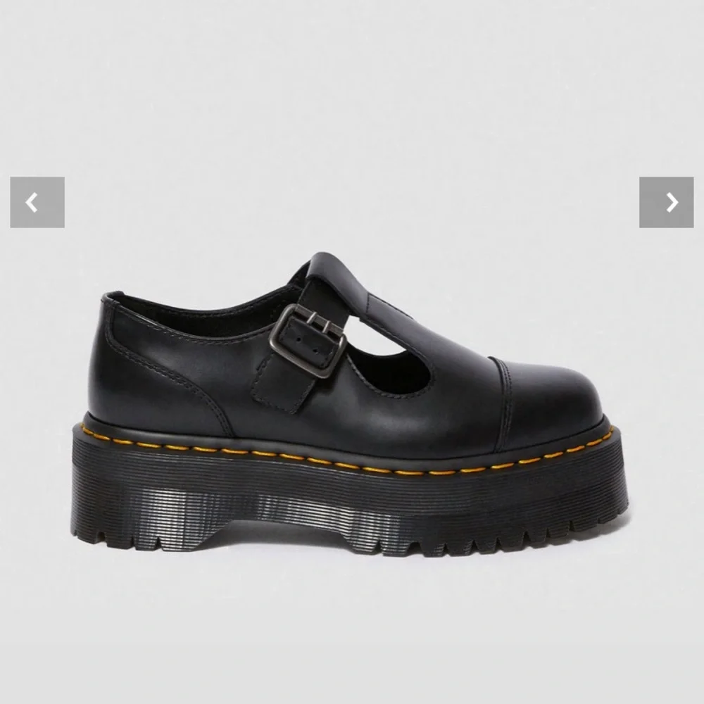 Dr. Martens Black Leather Platform Mary Jane / T strap with Yellow Stitching